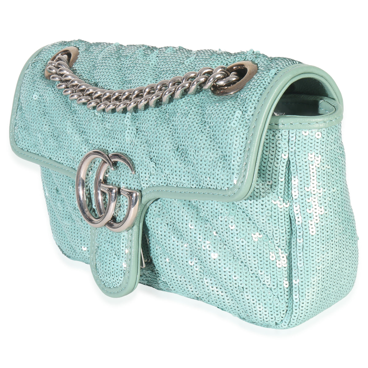Gucci Blue Sequin Calfskin Matelasse Diagonal Small GG Marmont Shoulder Bag Handbag sv