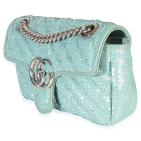 Gucci Blue Sequin Calfskin Matelasse Diagonal Small GG Marmont Shoulder Bag Handbag sv
