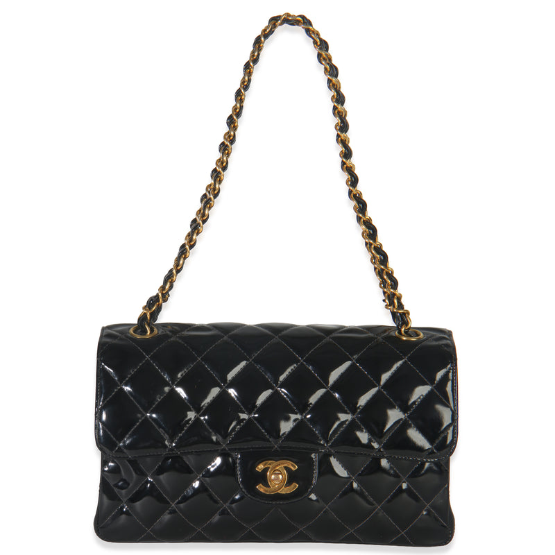 Vintage 24K Black Quilted Patent Medium Double Face Flap Bag