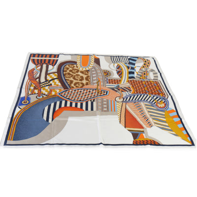 Hermès Bleu Tabac Grenadine Silk La Selle Imaginaire Scarf 90 fv