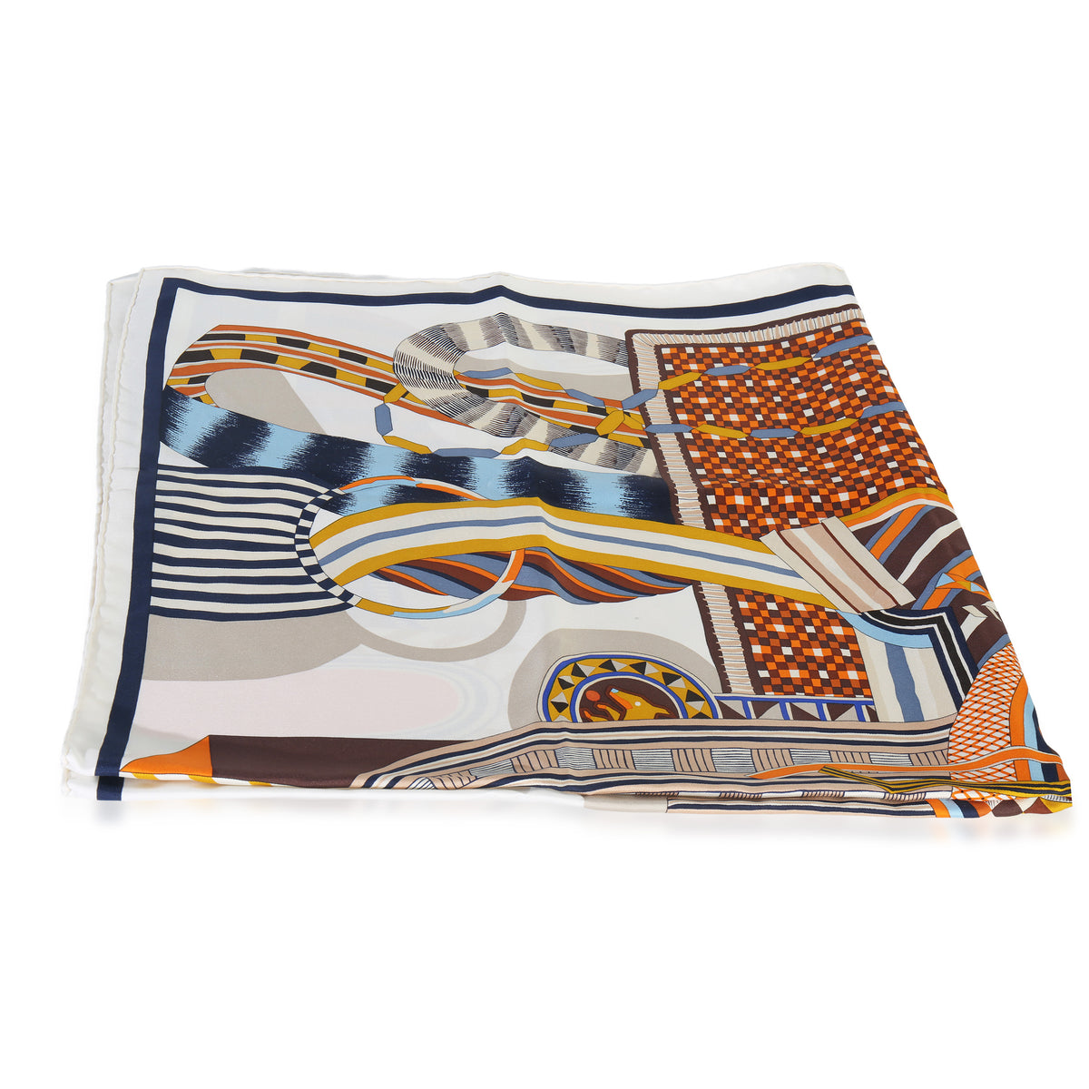 Hermès Bleu Tabac Grenadine Silk La Selle Imaginaire Scarf 90 sv