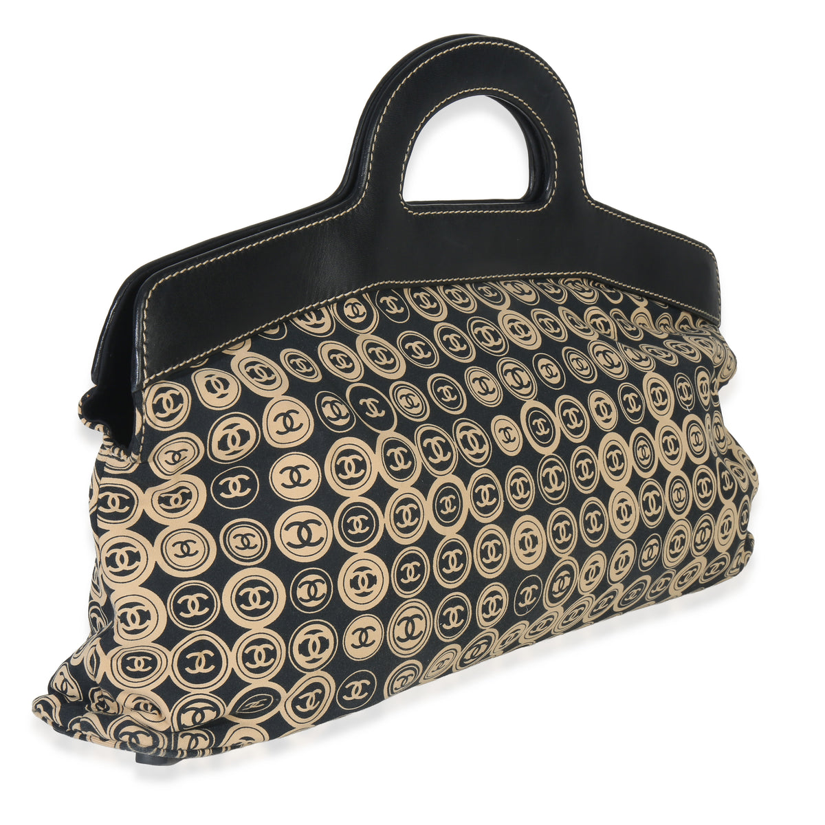 Chanel Beige Black Jersey Coco Mark Allover Handle Bag Handbag pv