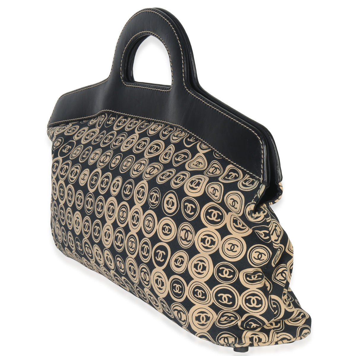 Chanel Beige Black Jersey Coco Mark Allover Handle Bag Handbag sv