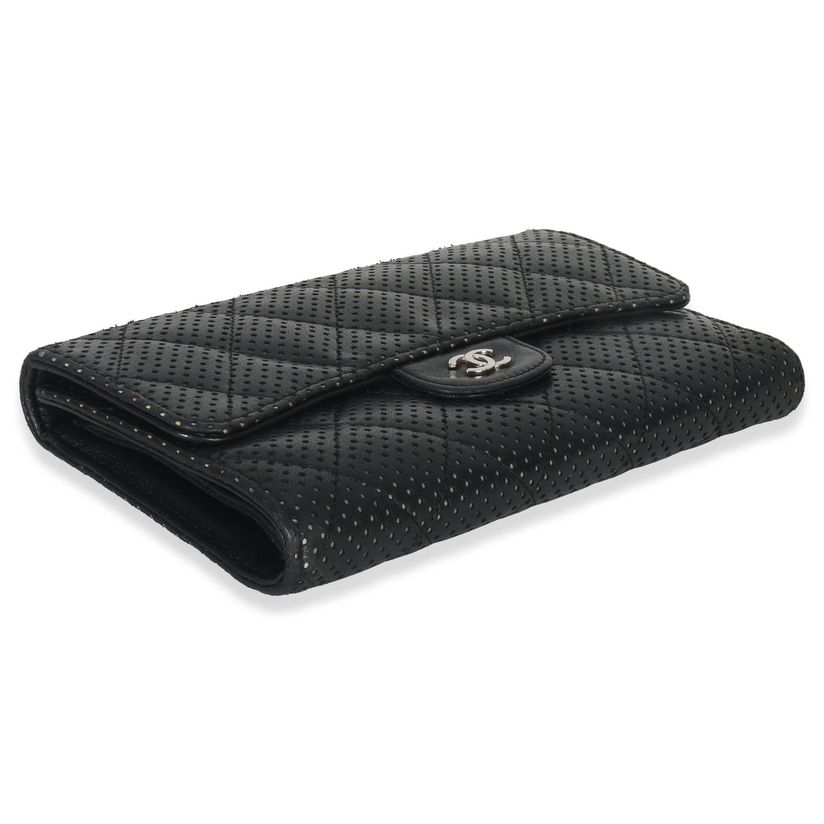 Chanel Black Quilted Perforated Lambskin Continental Wallet Handbag av