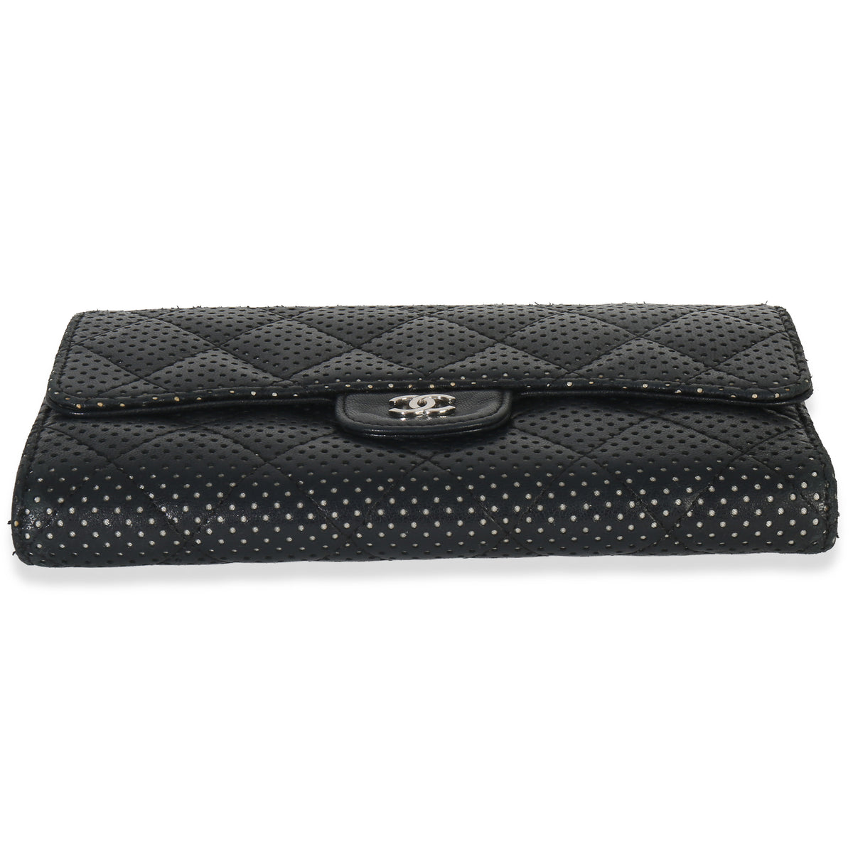 Chanel Black Quilted Perforated Lambskin Continental Wallet Handbag box