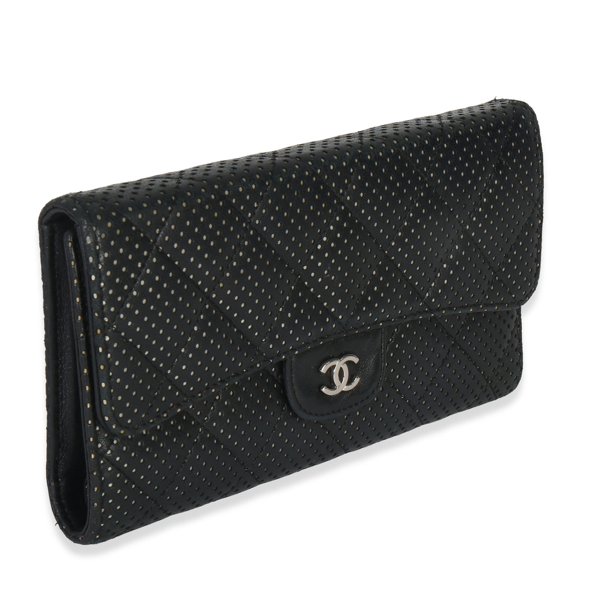 Chanel Black Quilted Perforated Lambskin Continental Wallet Handbag bv