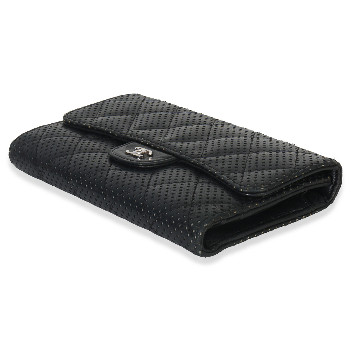 Chanel Black Quilted Perforated Lambskin Continental Wallet Handbag clasp