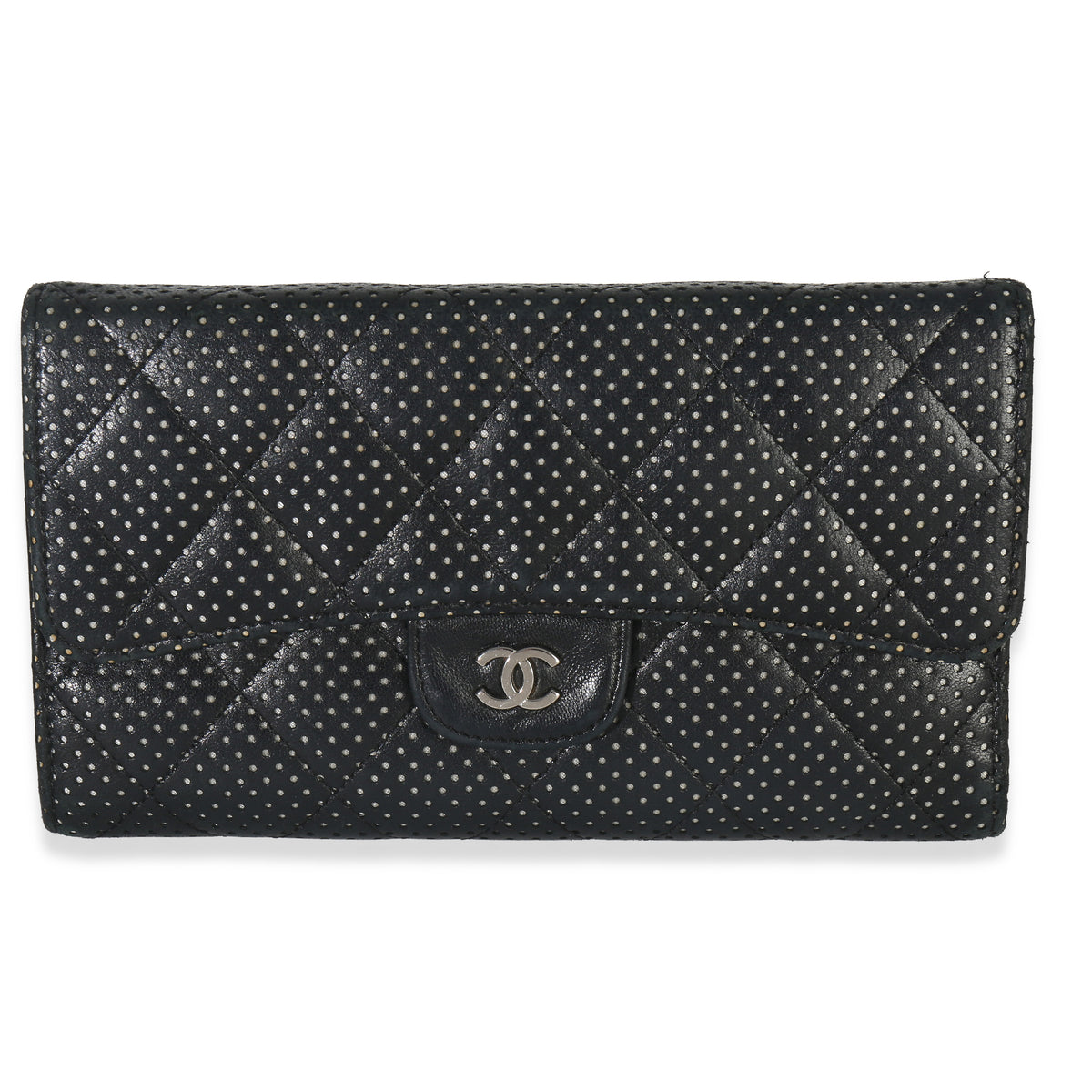 Chanel Black Quilted Perforated Lambskin Continental Wallet Handbag fv