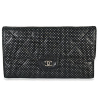 Chanel Black Quilted Perforated Lambskin Continental Wallet Handbag fv