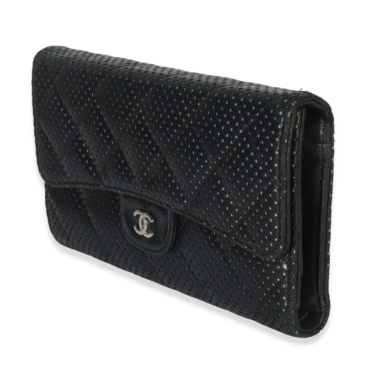 Chanel Black Quilted Perforated Lambskin Continental Wallet Handbag pv