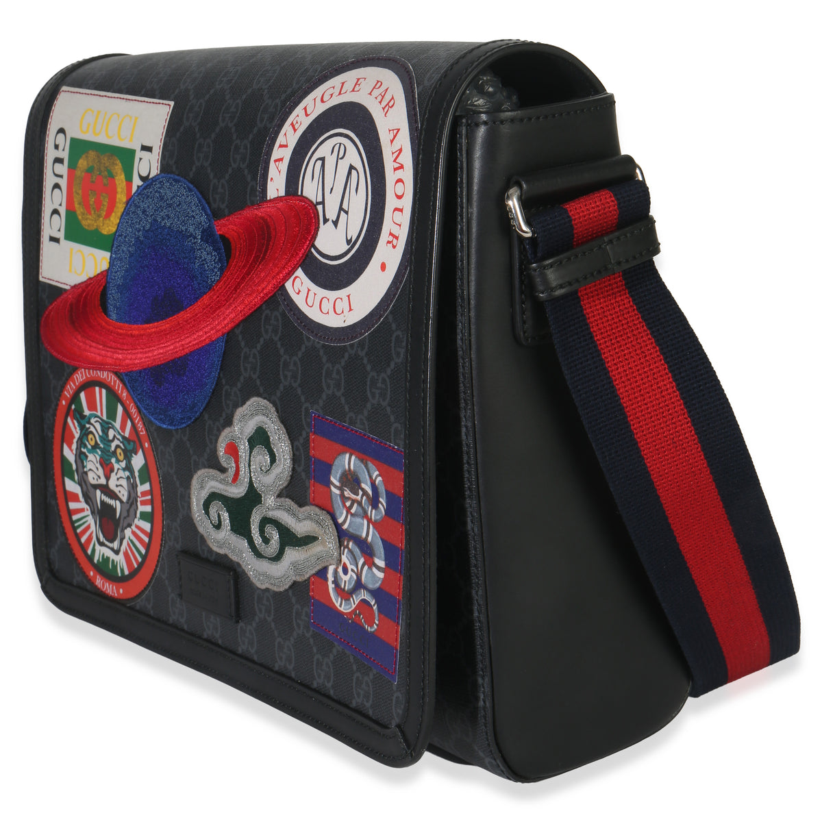 Gucci Black GG Supreme Canvas Night Courrier Flap Messenger Bag Handbag sv