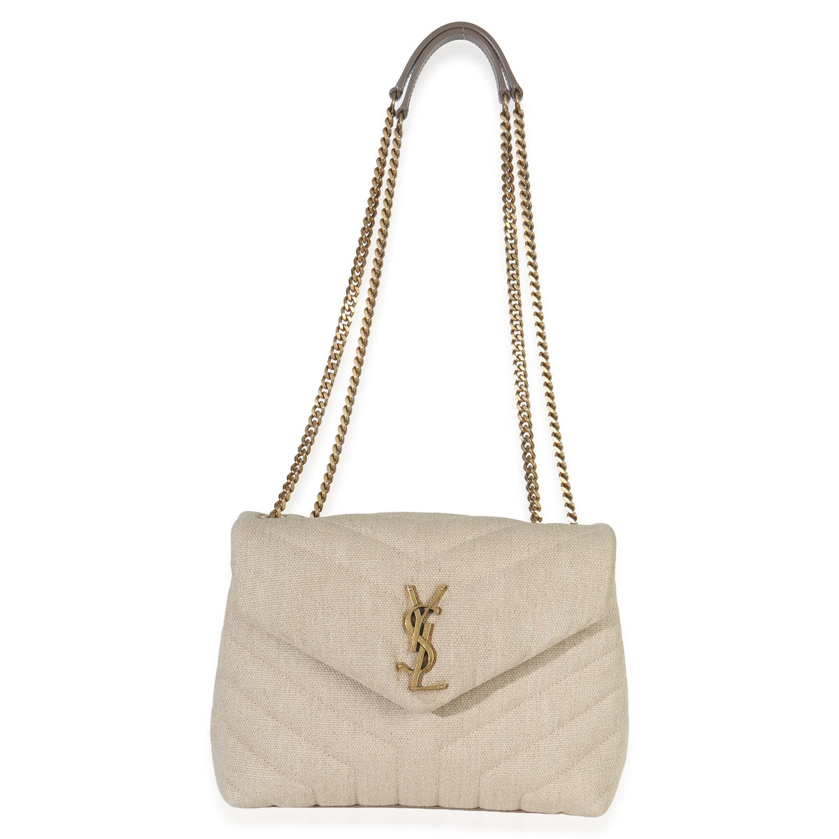 Beige Linen Chevron Small Loulou Chain Bag