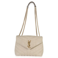 Beige Linen Chevron Small Loulou Chain Bag