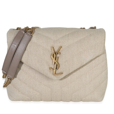 Beige Linen Chevron Small Loulou Chain Bag