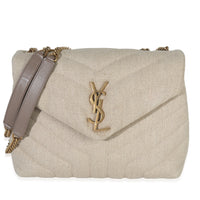 Beige Linen Chevron Small Loulou Chain Bag