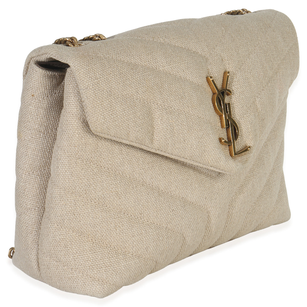 Beige Linen Chevron Small Loulou Chain Bag