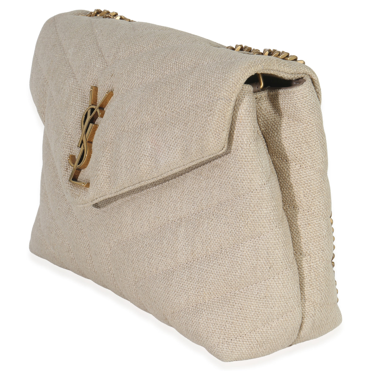 Beige Linen Chevron Small Loulou Chain Bag