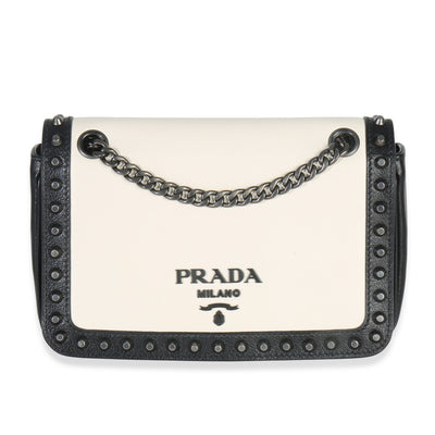 Black White Calfskin Glace Studded Chain Flap Bag