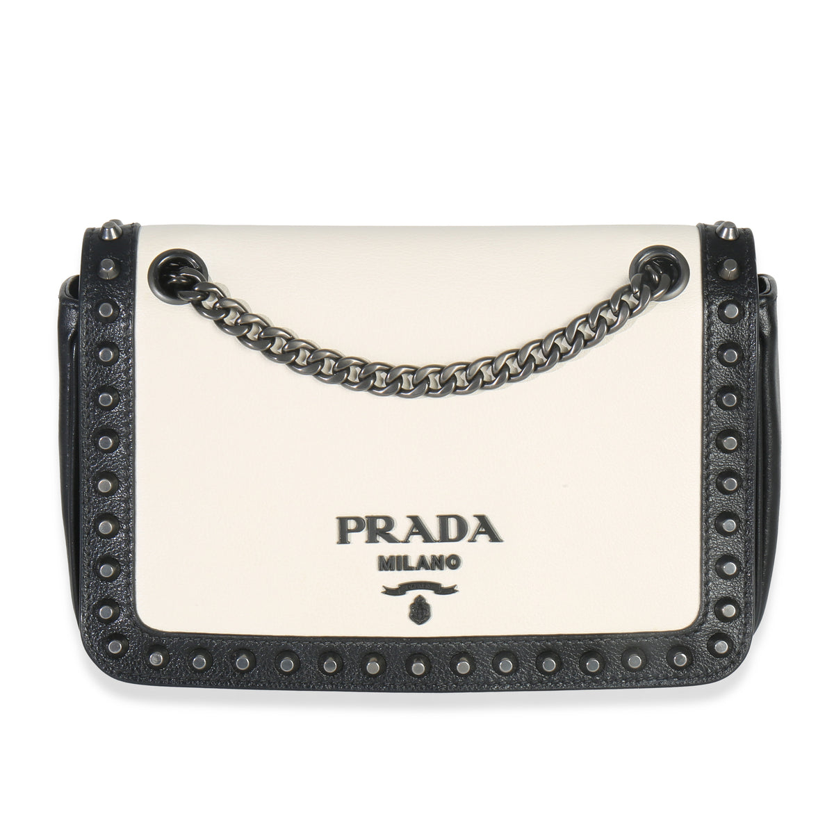 Black White Calfskin Glace Studded Chain Flap Bag