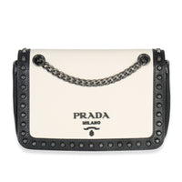 Black White Calfskin Glace Studded Chain Flap Bag