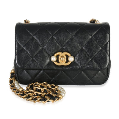 Black Quilted Calfskin Mini Pearl Side Flap Bag