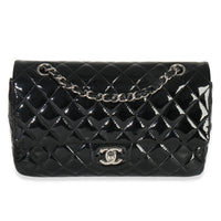 Black Quilted Patent Medium Classic Double Flap Bag