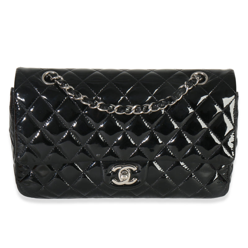 Black Quilted Patent Medium Classic Double Flap Bag
