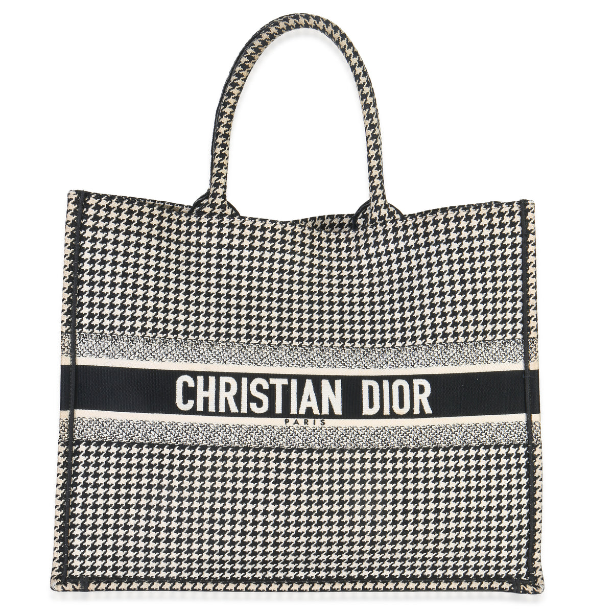 Christian Dior Black White Houndstooth Canvas Large Book Tote Handbag fv