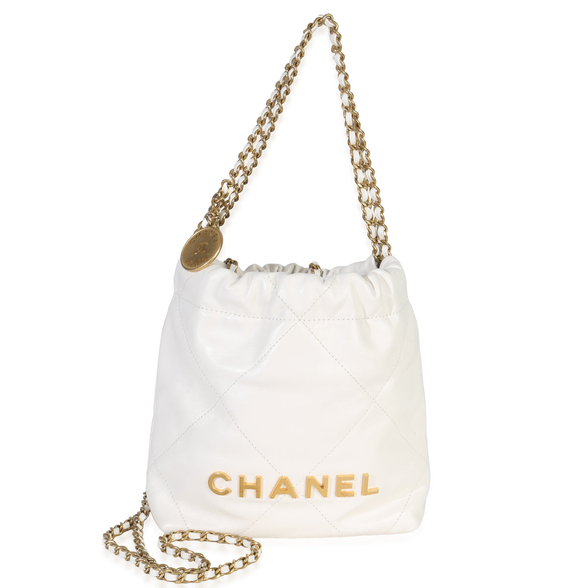 White Shiny Crumpled Calfskin Mini Chanel 22 Hobo