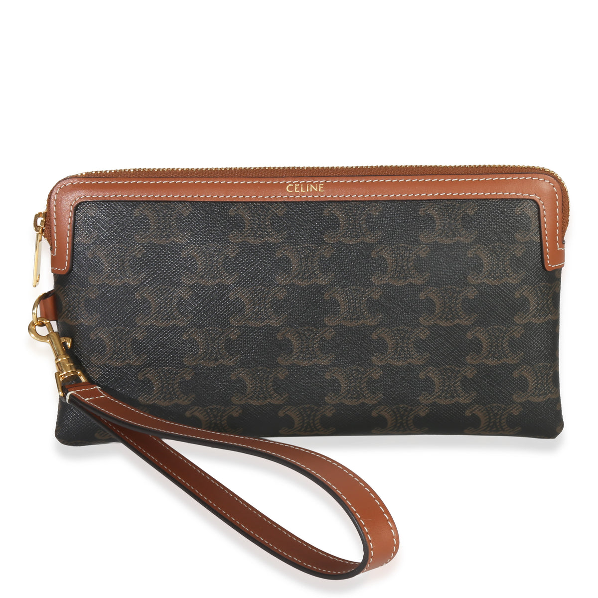 Tan Calfskin Triomphe Canvas Long Pouch With Strap