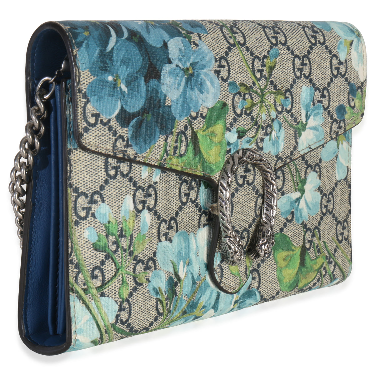 Gucci Blue Beige GG Supreme Canvas Blooms Dionysus Chain Wallet Handbag sv