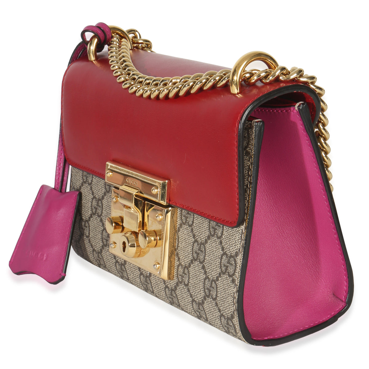 Gucci Red GG Supreme Canvas Small Padlock Shoulder Bag Handbag pv