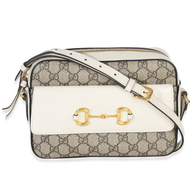 Gucci White GG Supreme Canvas Small 1955 Horsebit Shoulder Bag Handbag fv