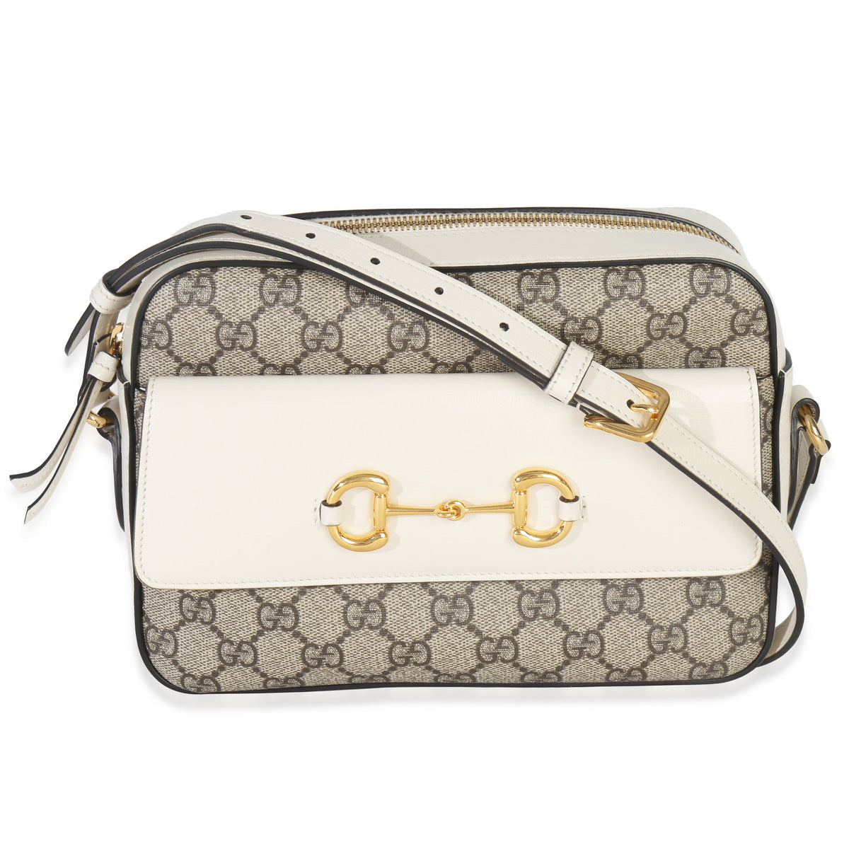 Gucci White GG Supreme Canvas Small 1955 Horsebit Shoulder Bag Handbag fv