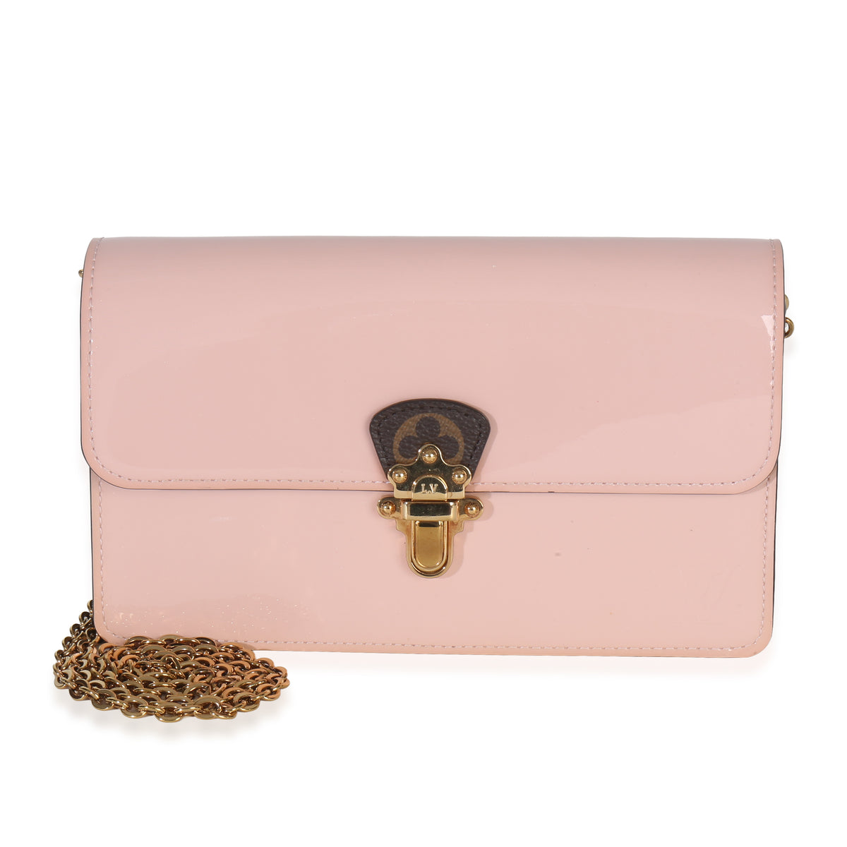 Louis Vuitton Rose Ballerine Monogram Vernis Cherrywood Chain Wallet Handbag fv