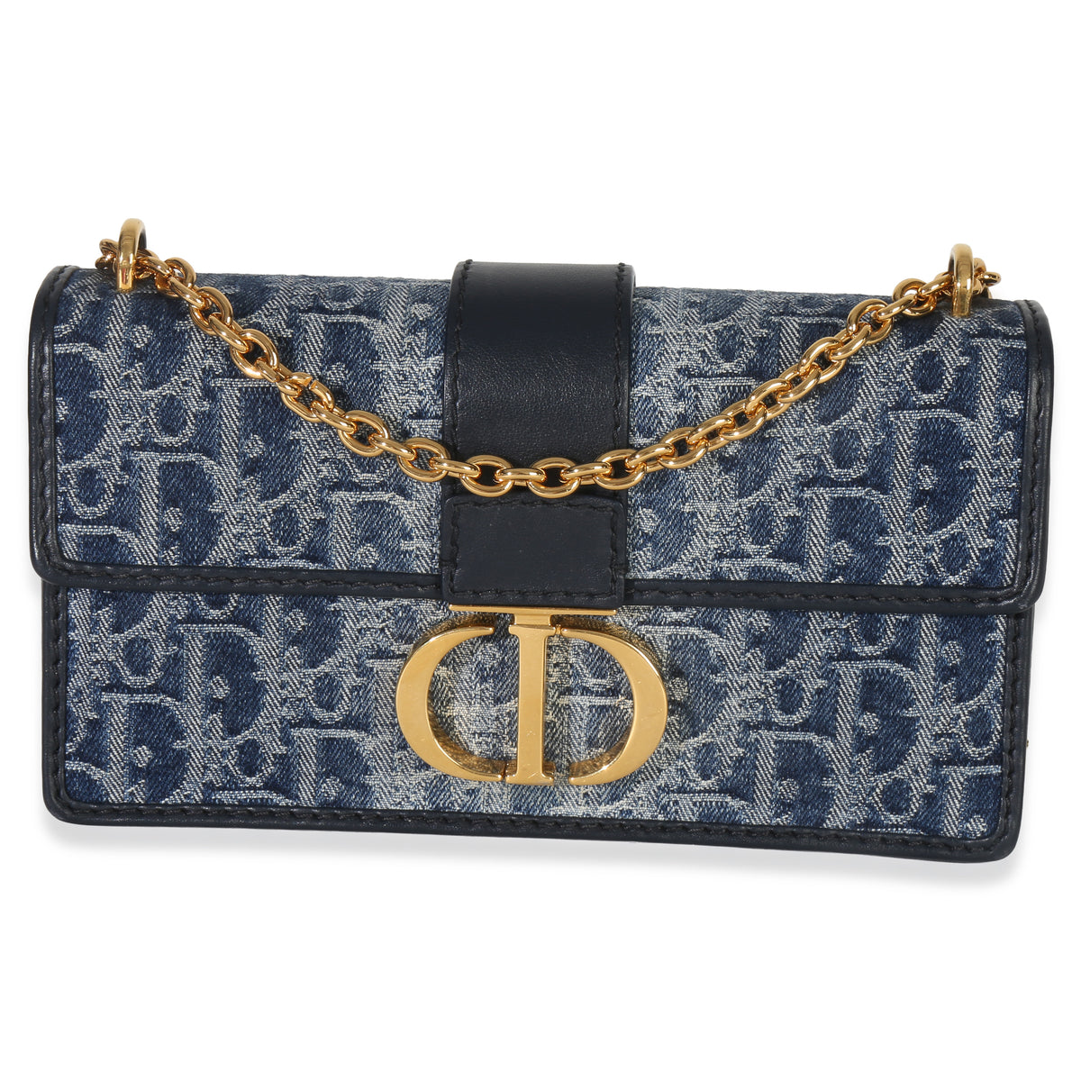 Christian Dior Blue Denim Oblique 30 Montaigne East West Chain Bag Handbag pv