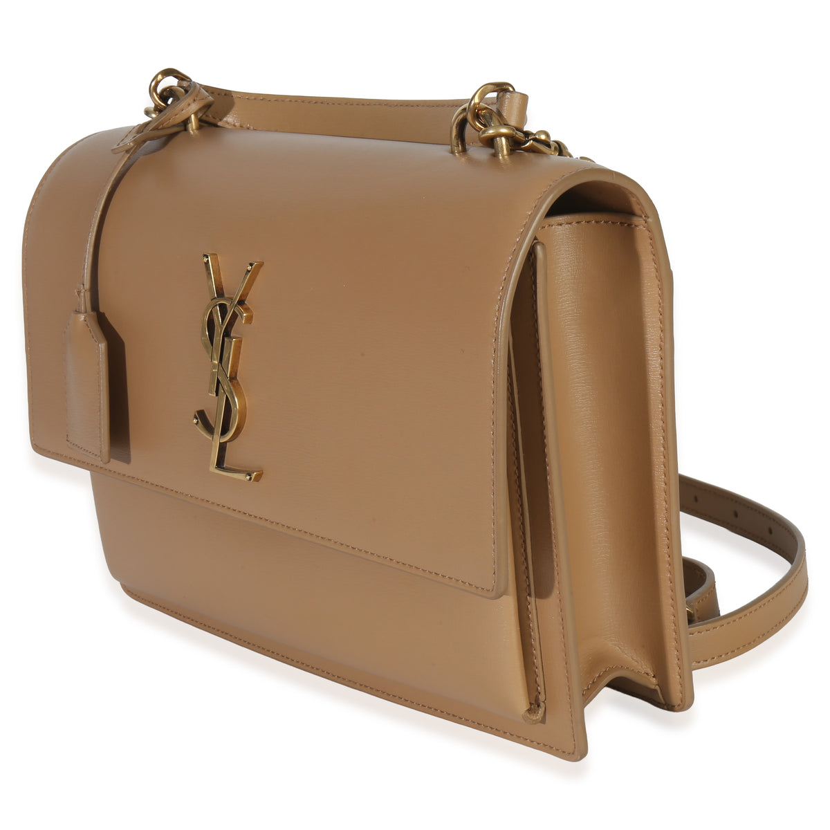 Saint Laurent Natural Tan Smooth Calfskin Medium Monogram Sunset Satchel Handbag pv