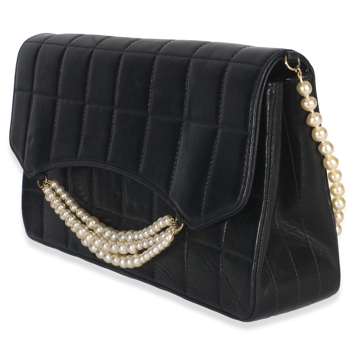 Chanel Vintage Black Lambskin Chocolate Bar Pearl Flap Bag Handbag sv
