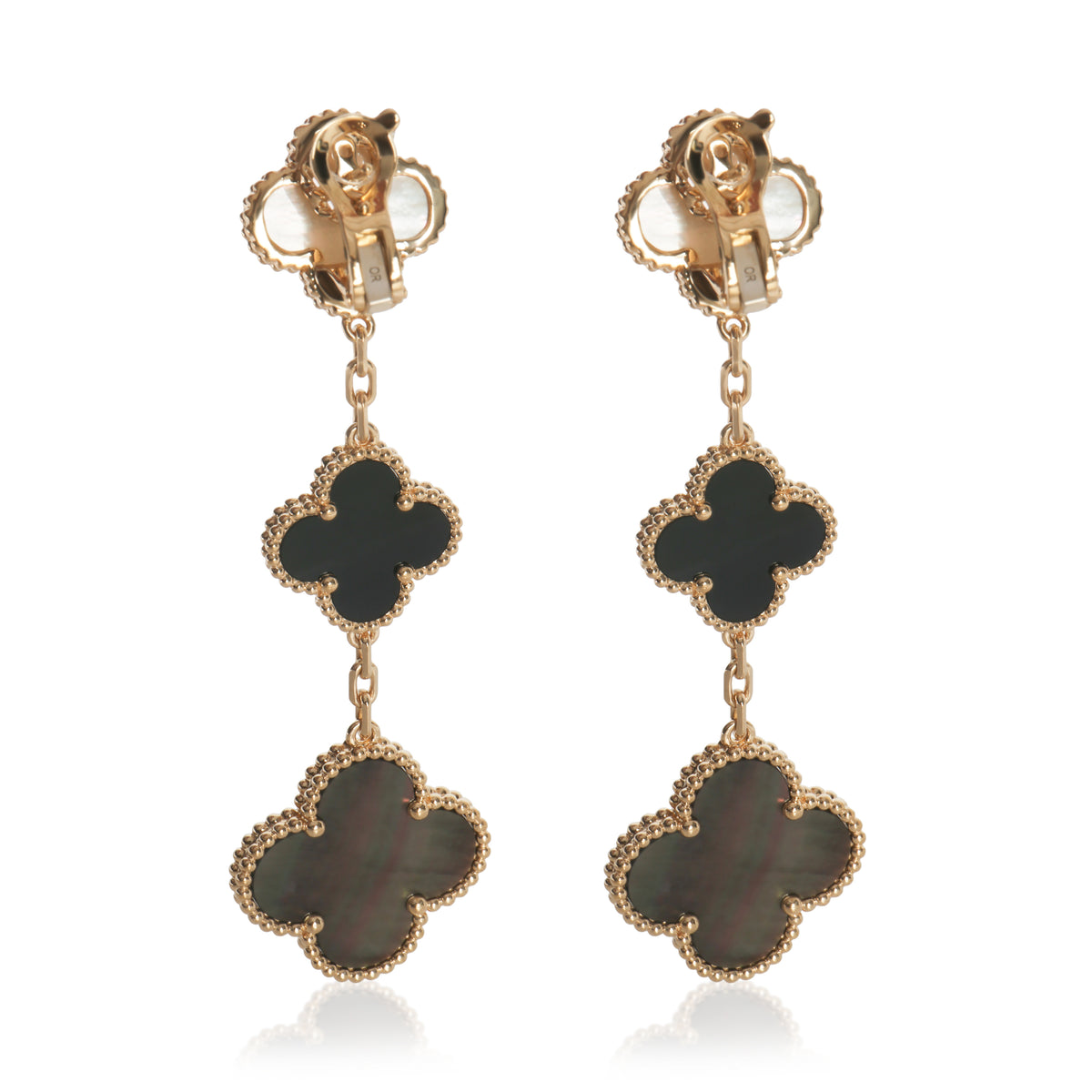 Van Cleef & Arpels Yellow Gold Mother Of Pearl and Onyx Magic Alhambra Earrings pv