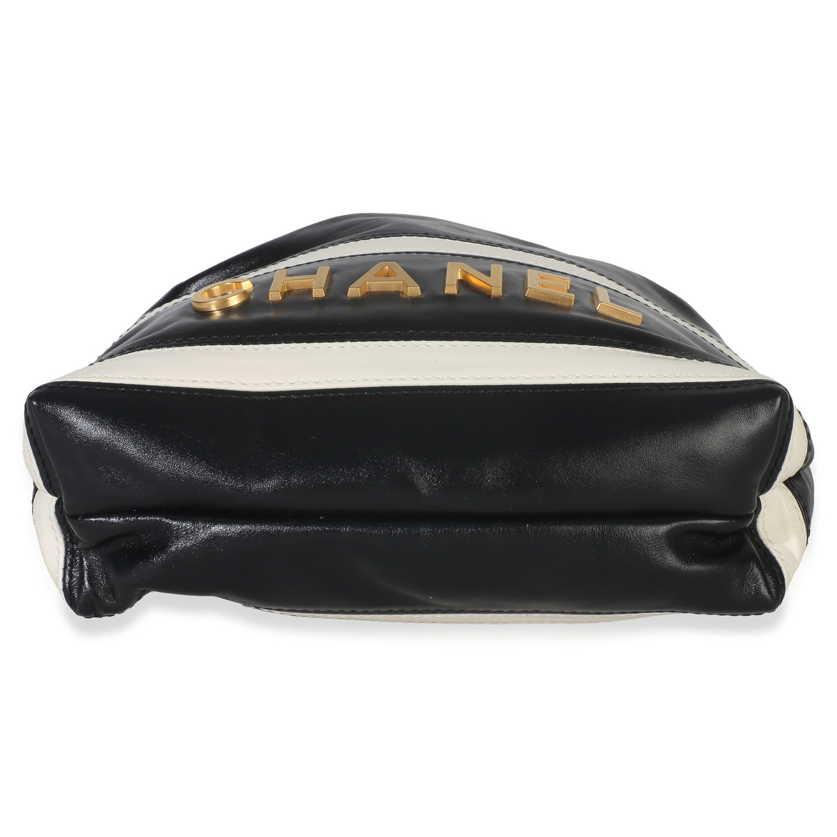 Chanel Black White Striped Shiny Calfskin Mini  22 Hobo Handbag box