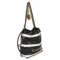 Chanel Black White Striped Shiny Calfskin Mini  22 Hobo Handbag bv