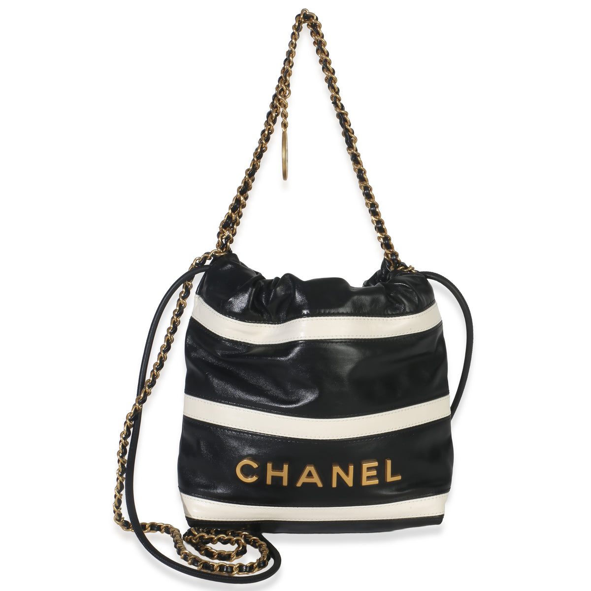 Chanel Black White Striped Shiny Calfskin Mini  22 Hobo Handbag fv
