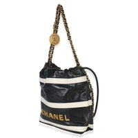 Chanel Black White Striped Shiny Calfskin Mini  22 Hobo Handbag pv