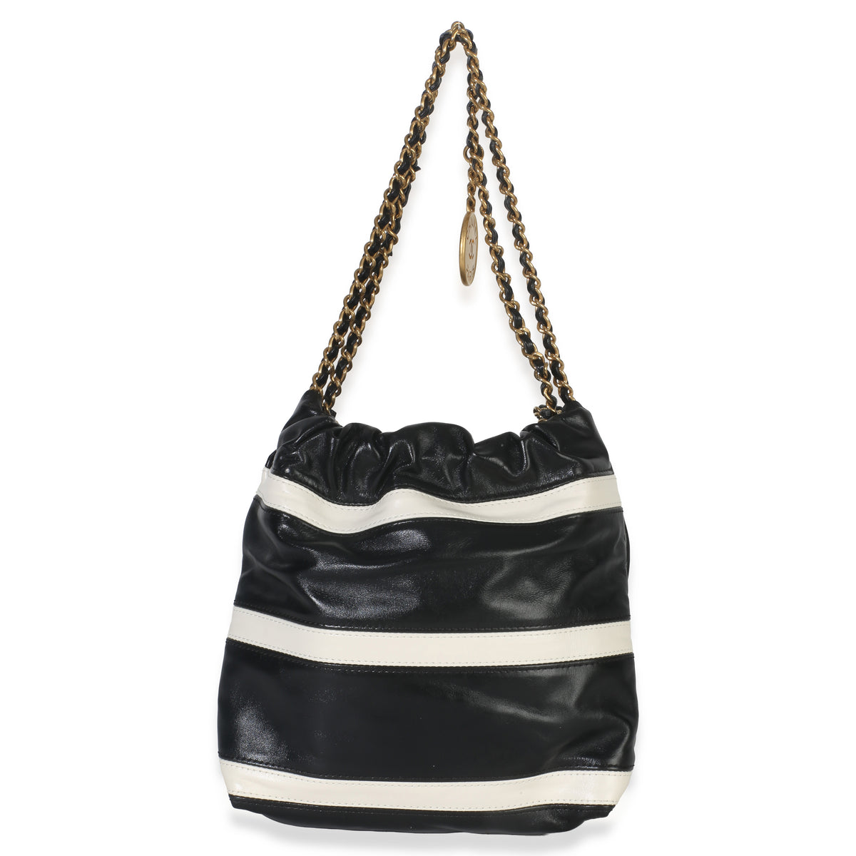 Chanel Black White Striped Shiny Calfskin Mini  22 Hobo Handbag stamp
