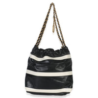 Chanel Black White Striped Shiny Calfskin Mini  22 Hobo Handbag stamp