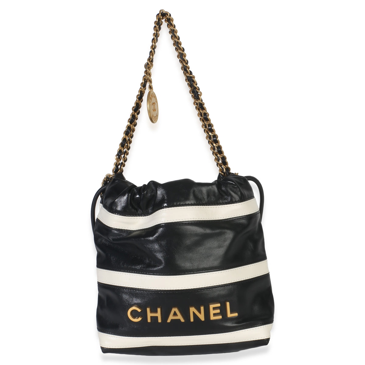 Chanel Black White Striped Shiny Calfskin Mini  22 Hobo Handbag sv