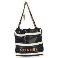 Chanel Black White Striped Shiny Calfskin Mini  22 Hobo Handbag sv