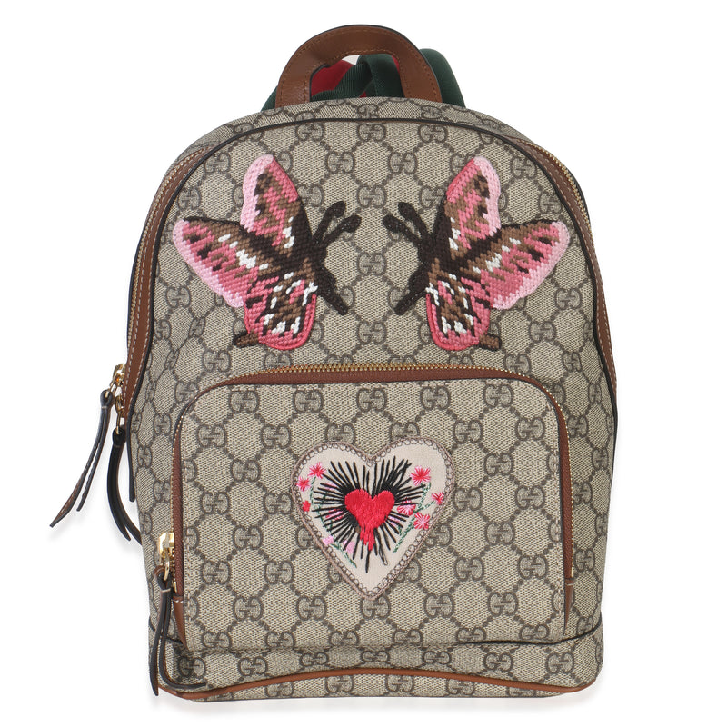 Gucci Beige GG Supreme Canvas Web Butterfly Embroidered Small Day Backpack Handbag fv