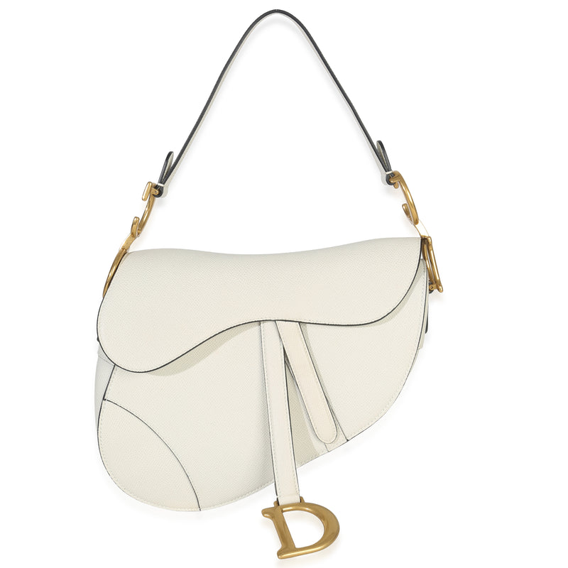 White Grained Calfskin Medium Saddle Bag