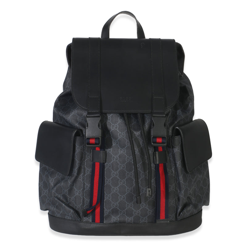 Black Soft GG Supreme Calfskin Web Double Buckle Backpack